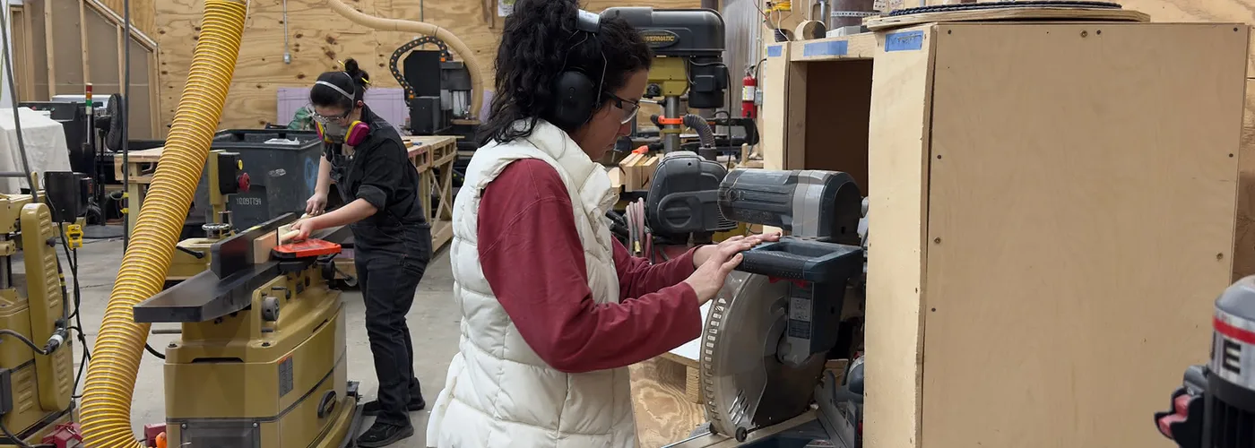 Woodshop with workbenches and tools